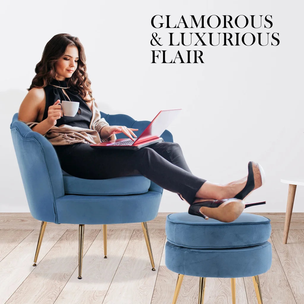 Armchair Accent Chair Velvet with Round Ottoman Footstool