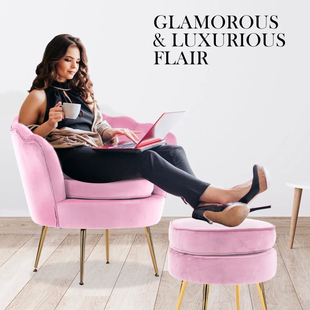 Armchair Accent Chair Velvet with Round Ottoman Footstool