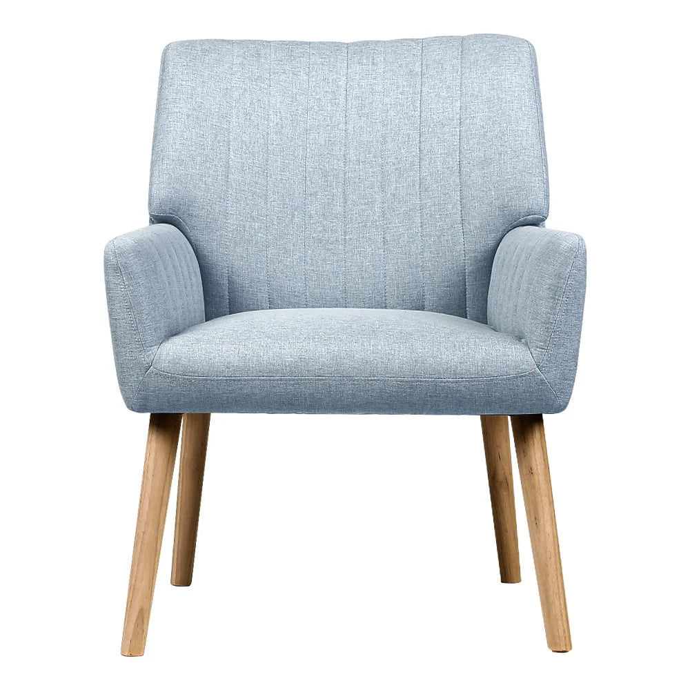 Grey fabric accent chair with padded seat and sturdy metal frame