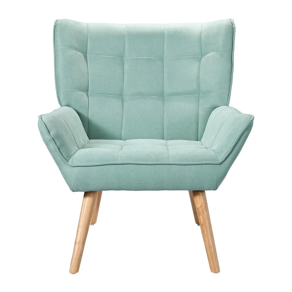 Blue linen accent chair with upholstered seat and curved back