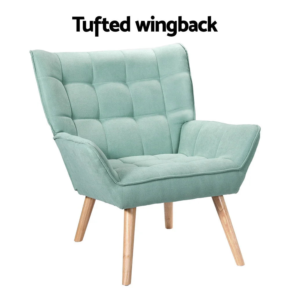 Blue linen accent chair with padded seat and support frame