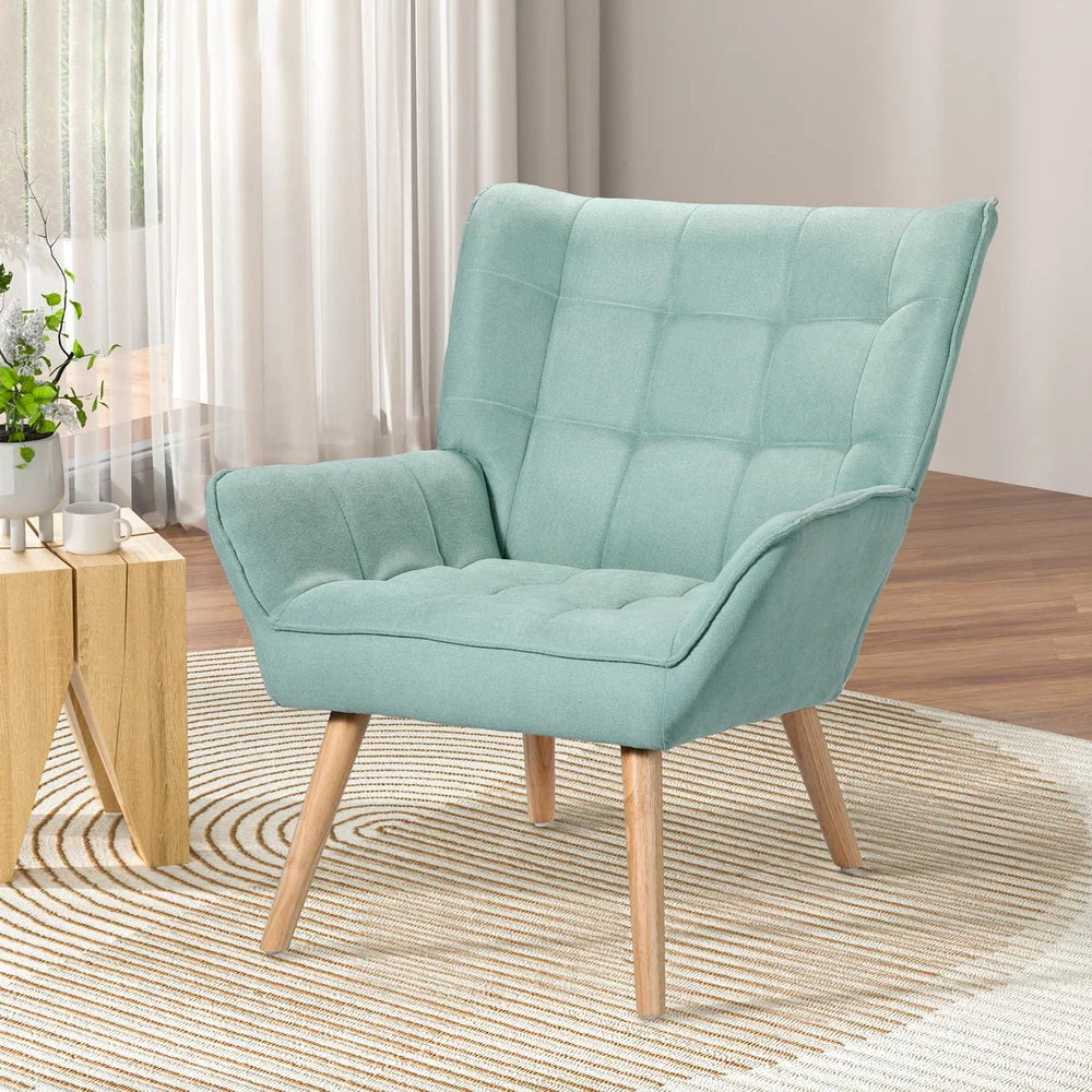 Blue linen accent chair with cushioned seat and backrest