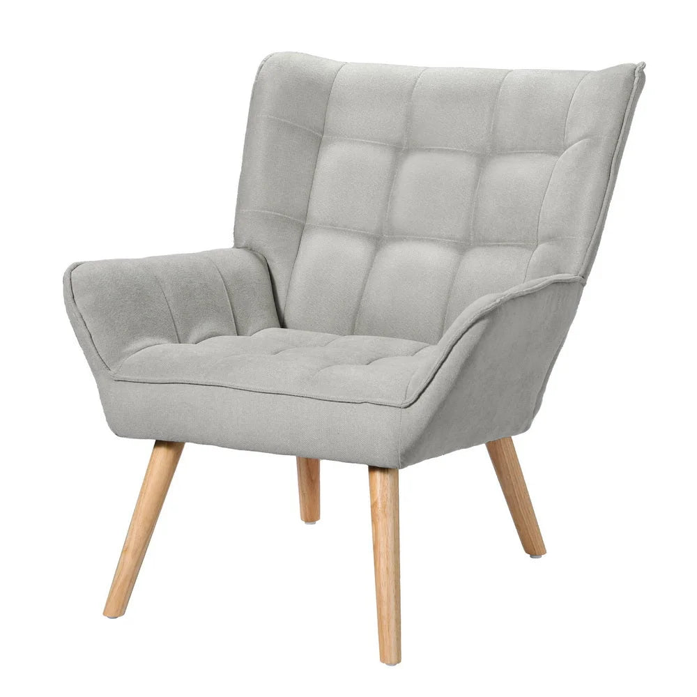 Grey linen accent chair with cushioned seat and backrest