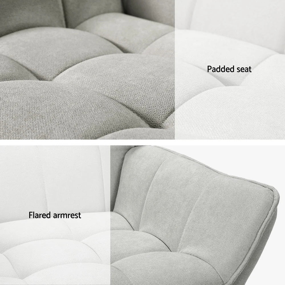 Grey linen accent chair with upholstered seat and curved back