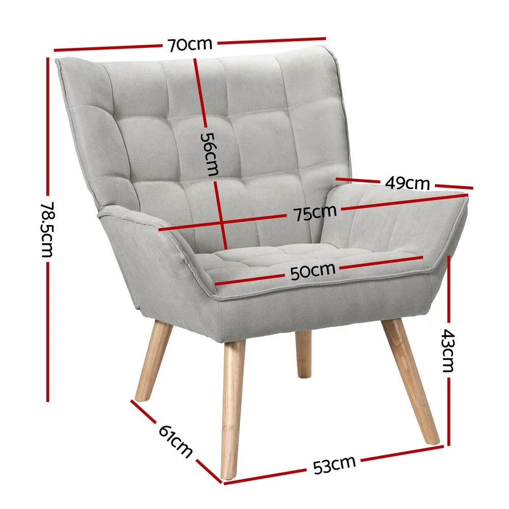 Grey linen accent chair with hanging seat and stand supports