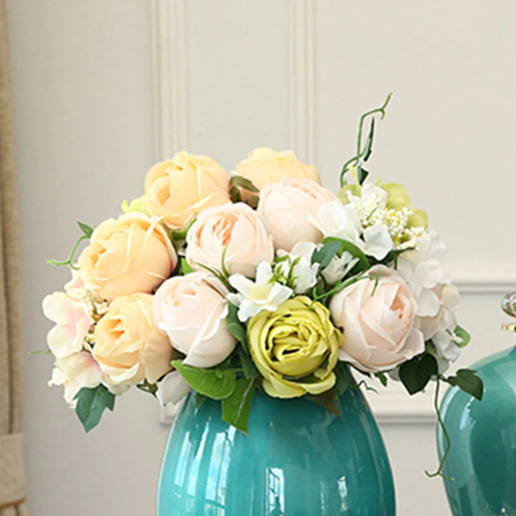 Artificial Silk Flower Bouquet 3PCS with 15 Heads Fake Rose Table Decor - White - Premium