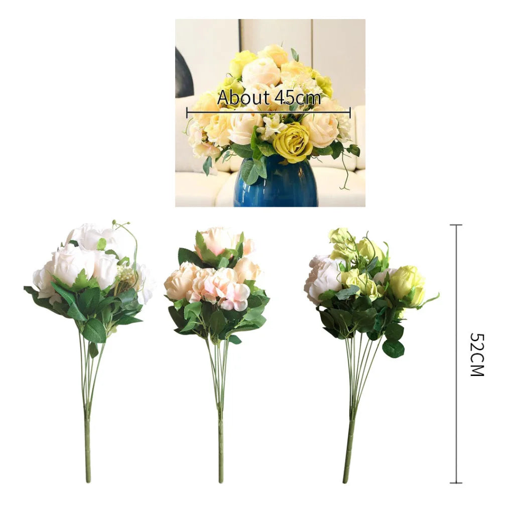 Artificial Silk Flower Bouquet 3PCS with 15 Heads Fake Rose Table Decor - White - Premium