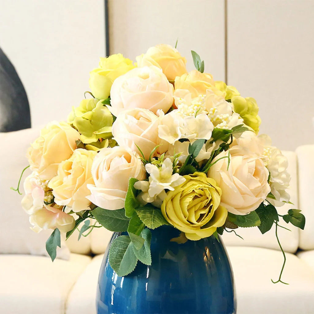 Artificial Silk Flower Bouquet 3PCS with 15 Heads Fake Rose Table Decor - White - Premium