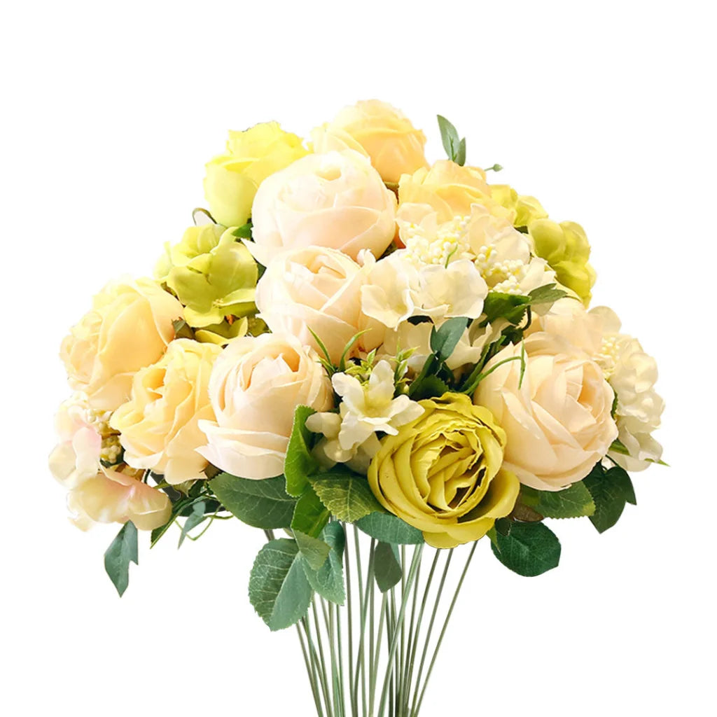 Artificial Silk Flower Bouquet 3PCS with 15 Heads Fake Rose Table Decor - White - Premium