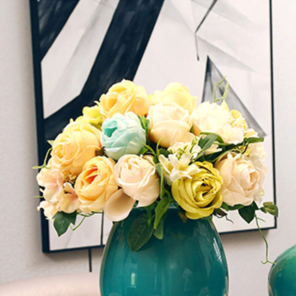 Artificial Silk Flower Bouquet 3PCS with 15 Heads Fake Rose Table Decor - White - Premium