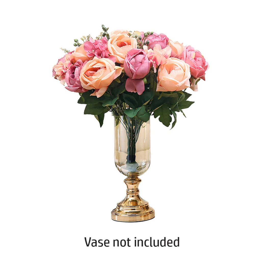 Artificial Silk Rose Bouquet Set Premium 3pcs 15 Heads Fake Flower Table Decor - Pink
