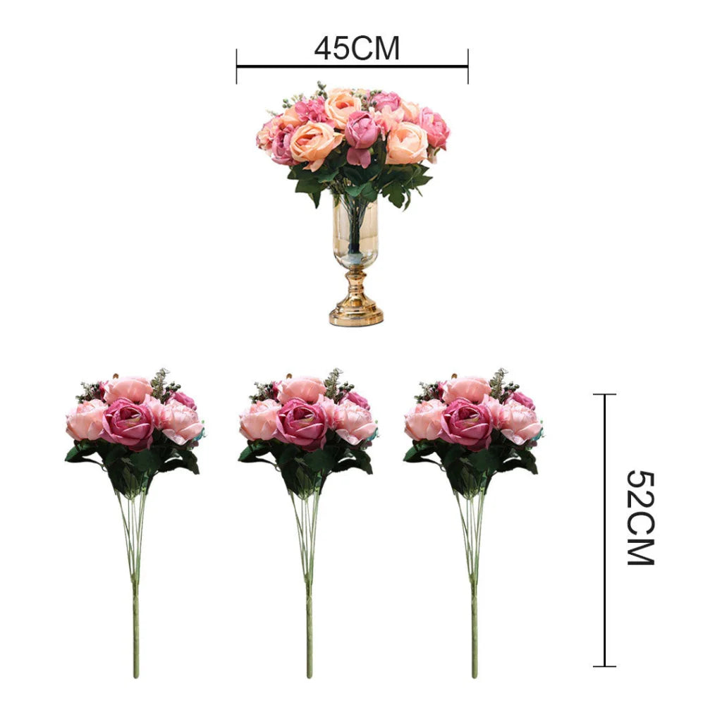 Artificial Silk Rose Bouquet Set Premium 3pcs 15 Heads Fake Flower Table Decor - Pink