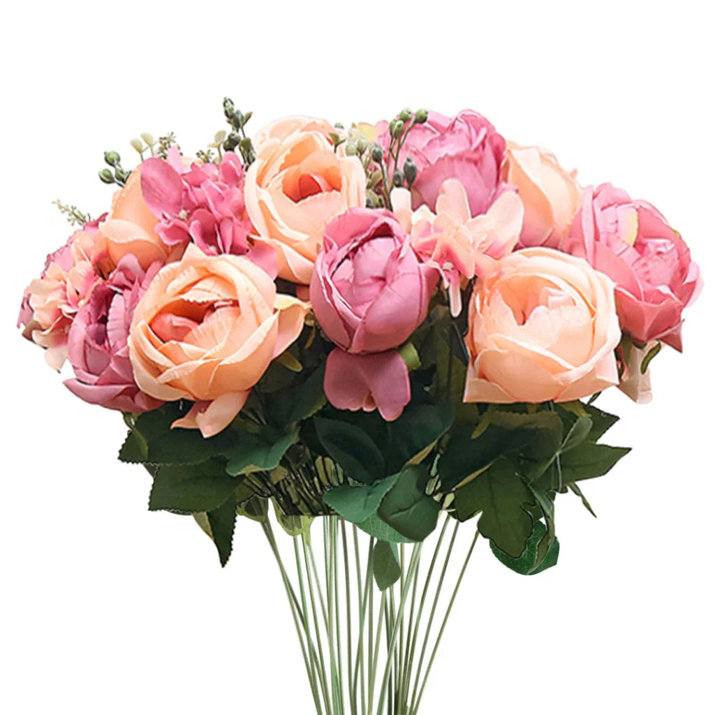 Artificial Silk Rose Bouquet Set Premium 3pcs 15 Heads Fake Flower Table Decor - Pink