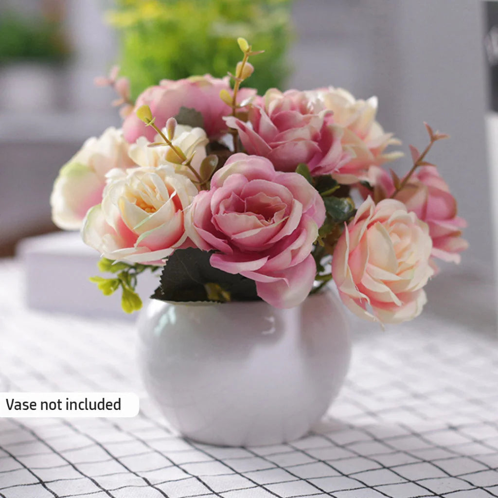 Artificial Silk Rose Bouquet Set Premium 3pcs 15 Heads Fake Flower Table Decor - Pink