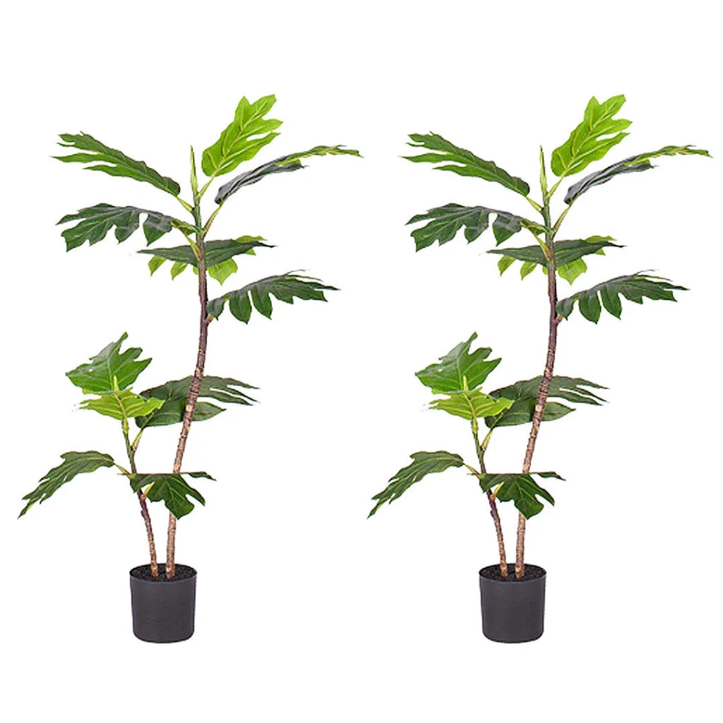Artificial Split-Leaf Philodendron Tree 2X 90cm 2-Trunk Natural Green Fake Tropical Indoor Plant Home Office Decor