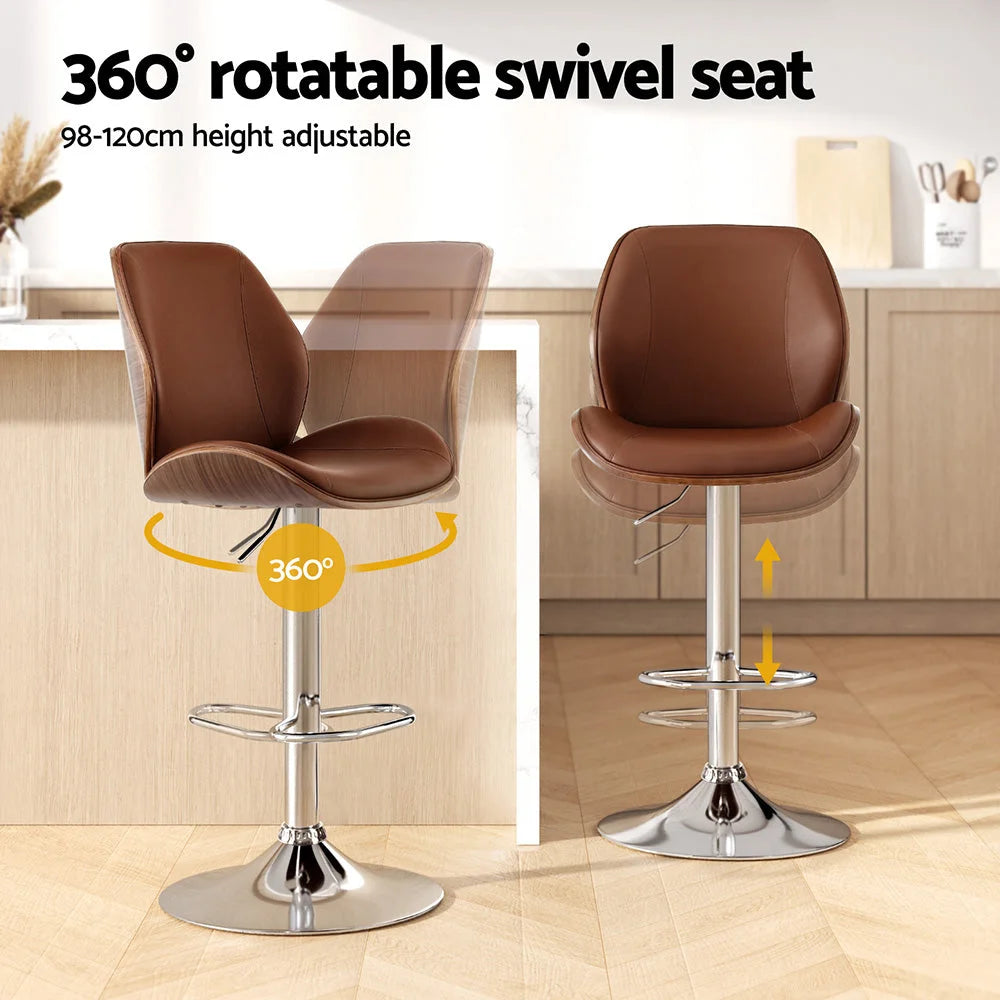 Brown leather bar stool bentwood with woven seat and timber frame