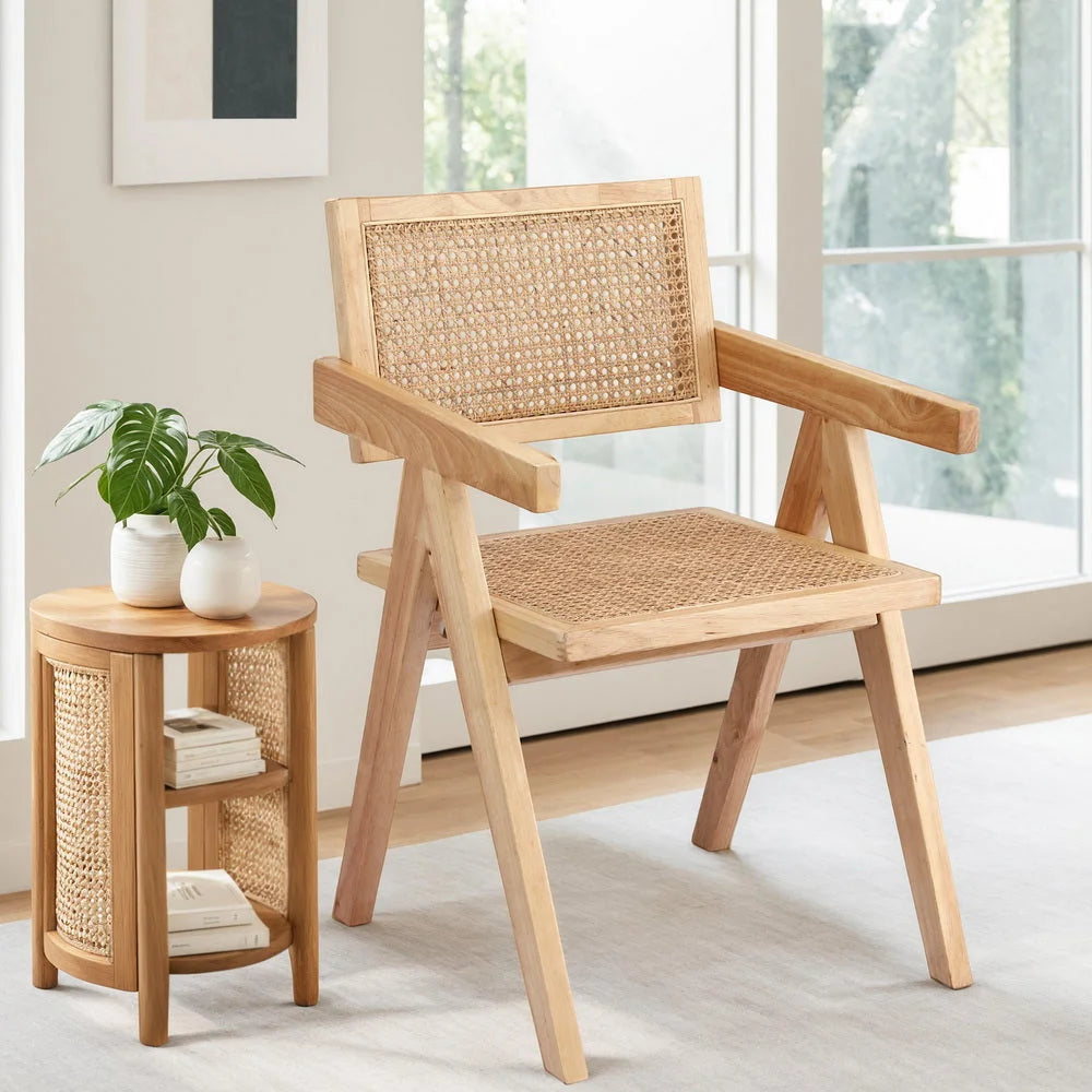 Dining chair with rattan seat and rubber wood frame
