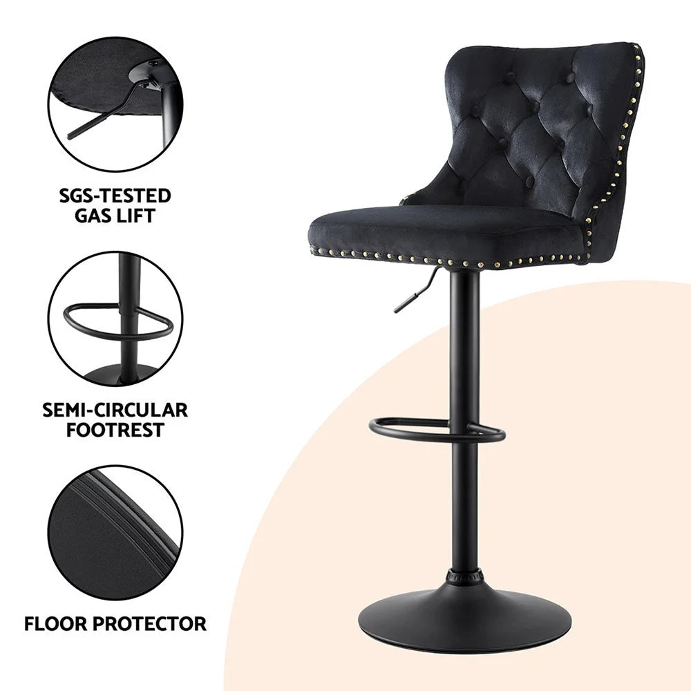 Velvet bar stool adjustable with shaped seat and supportive backrest