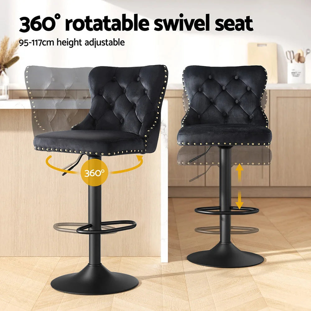 Velvet bar stool adjustable with woven seat and timber frame