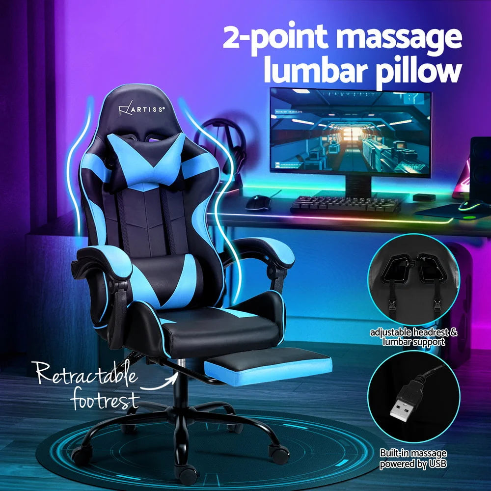 Artiss 2 Point Massage Gaming Office Chair Footrest Cyan