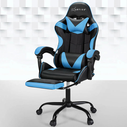 Artiss 2 Point Massage Gaming Office Chair Footrest Cyan