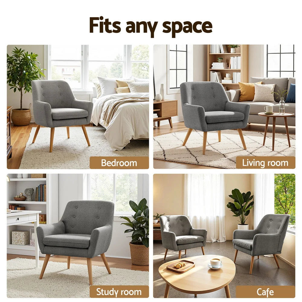Grey accent chair with armrests and support legs