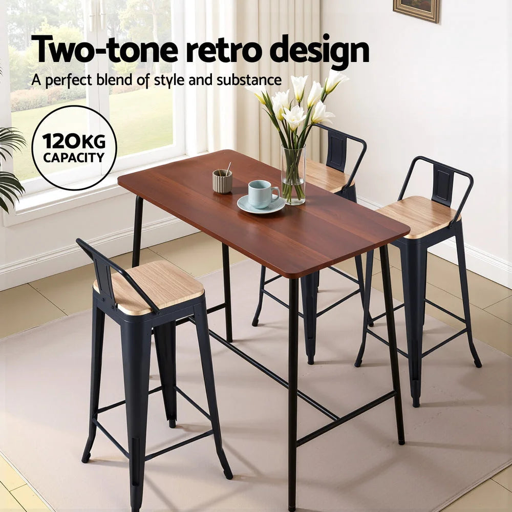 Black metal bar stool set with chair legs and seat detailing