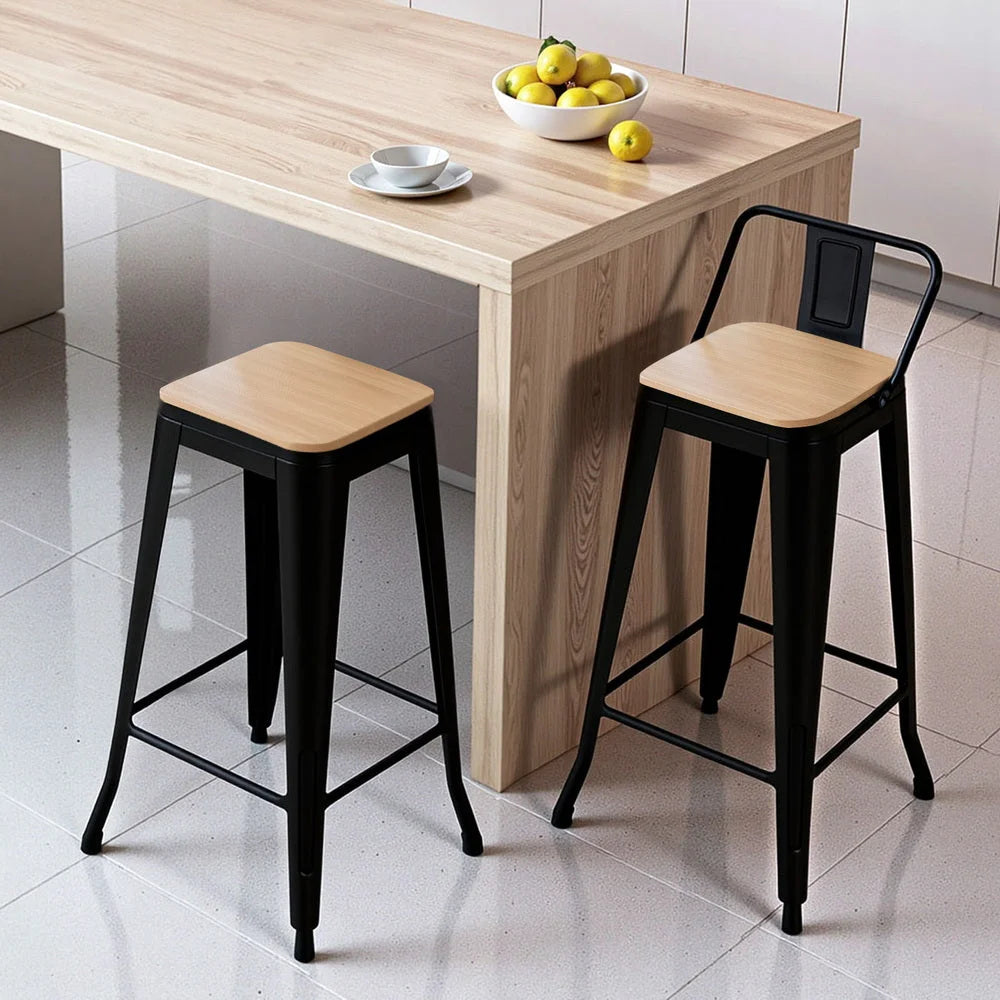 Black metal bar stool set with counter-height legs and footrest