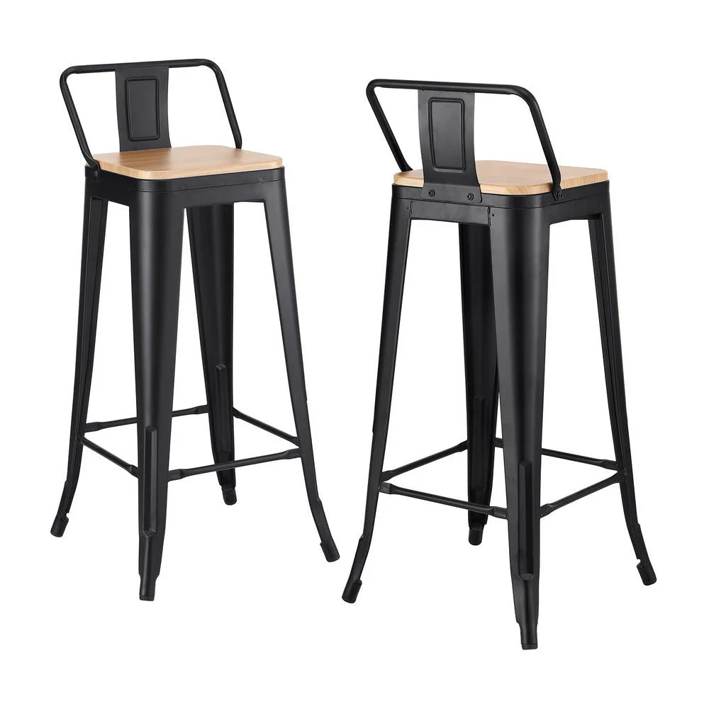 Black metal bar stool set with shaped seat and supportive backrest