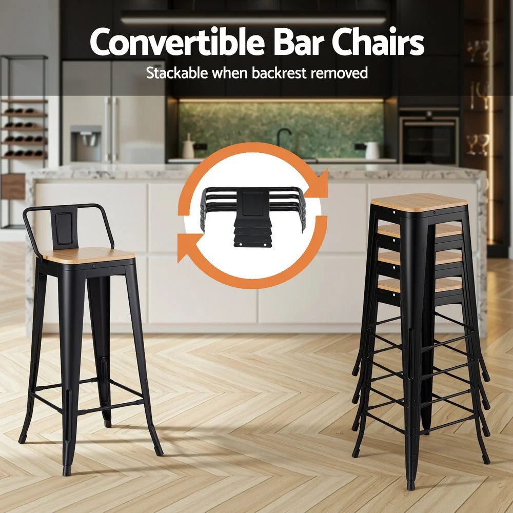 Black metal bar stool set with cushioned seat and curved backrest