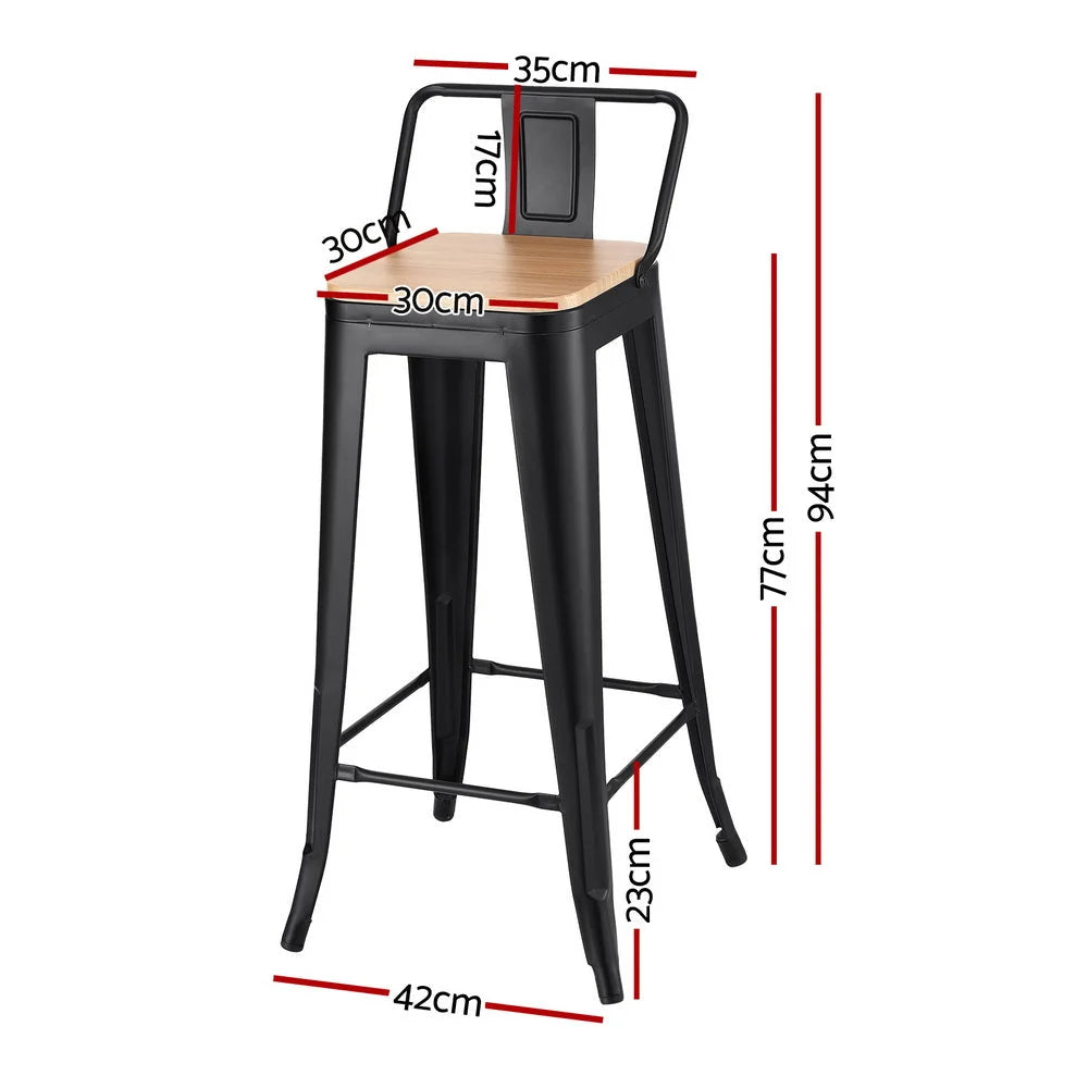 Black metal bar stool set with woven seat and timber frame