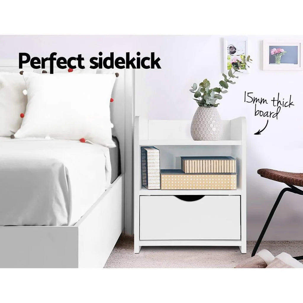 Bedside table with small bedroom cabinet and handle details