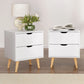White bedside table with two drawers and timber legs