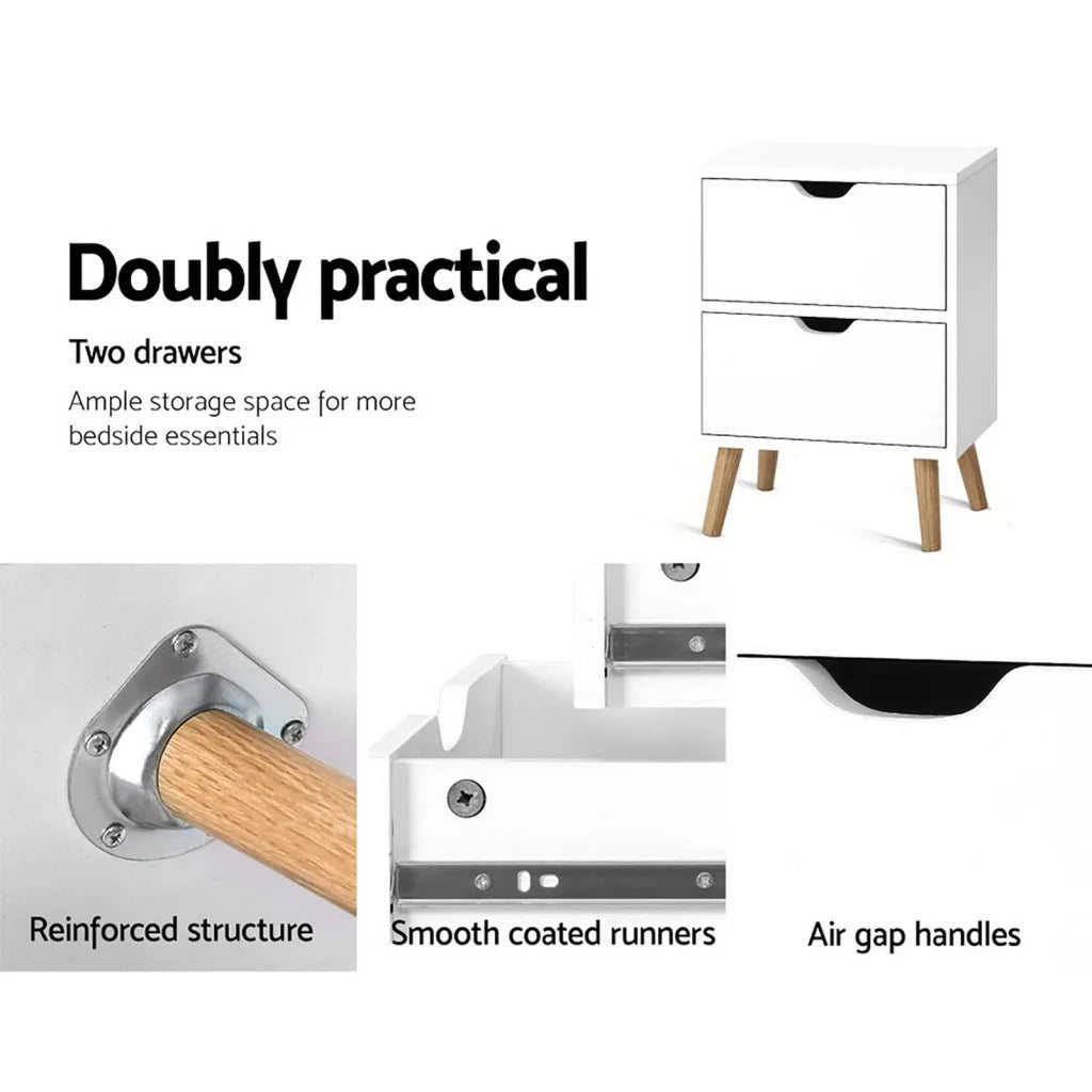 Artiss 2X Bedside Table 2 Drawers - BODEN White - Furniture