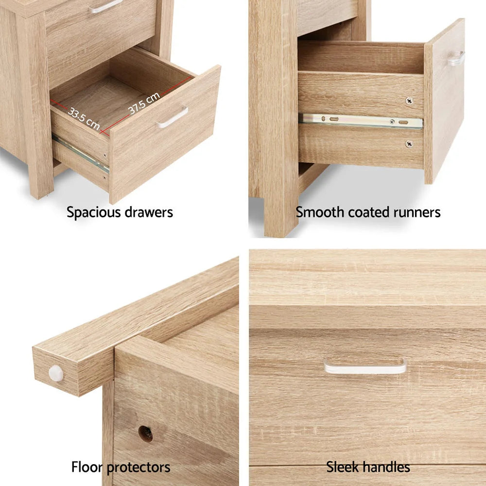 Artiss 2x Bedside Table 2 Drawers - MAXI Pine - Furniture >