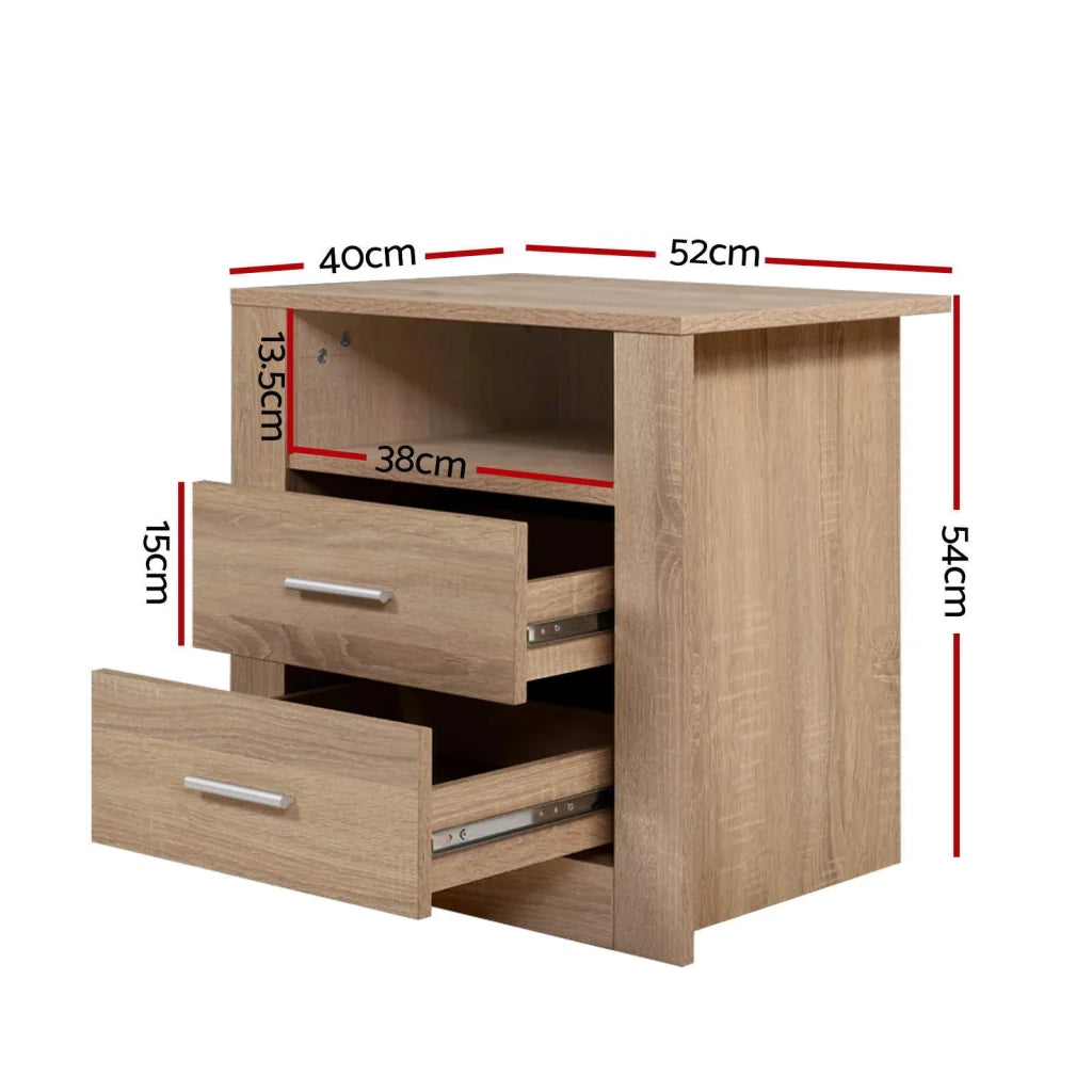 Artiss 2X Bedside Table 2 Drawers with Shelf - TARA Oak