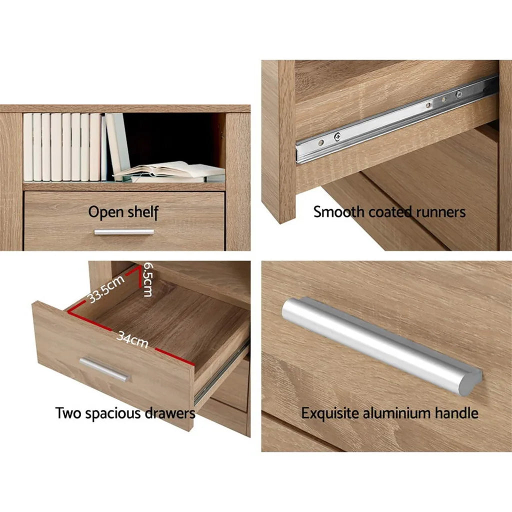 2x Bedside Table 2 Drawers Shelf Oak