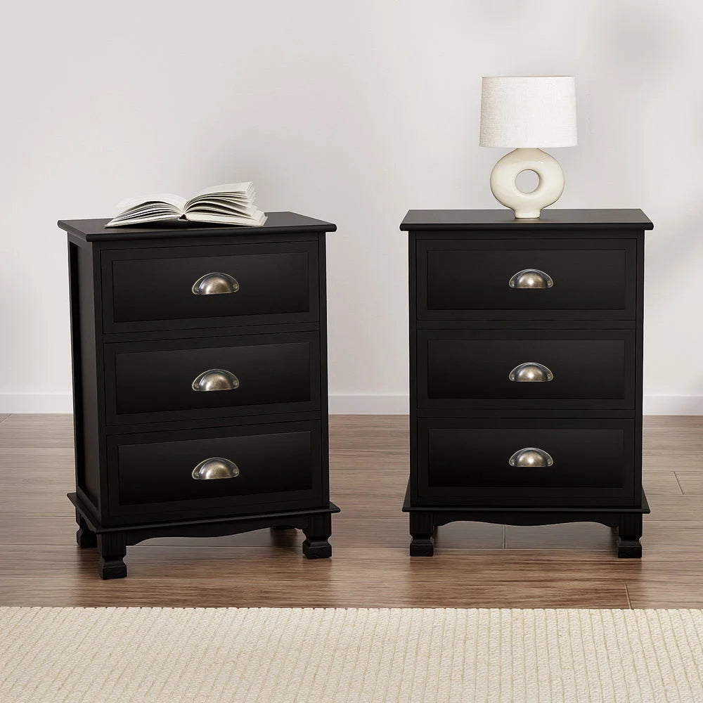 Artiss 2x Bedside Table 3 Drawers Vintage - THYME Black