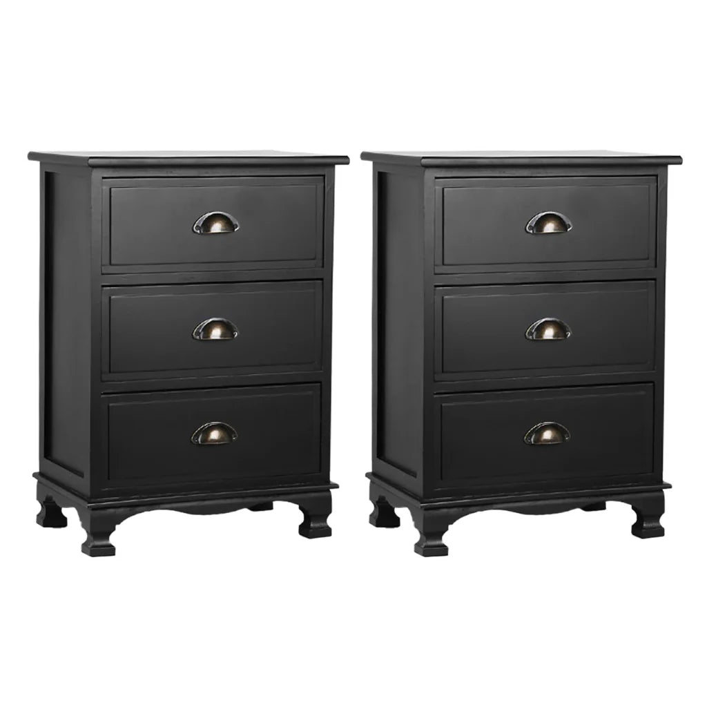 Artiss 2x Bedside Table 3 Drawers Vintage - THYME Black