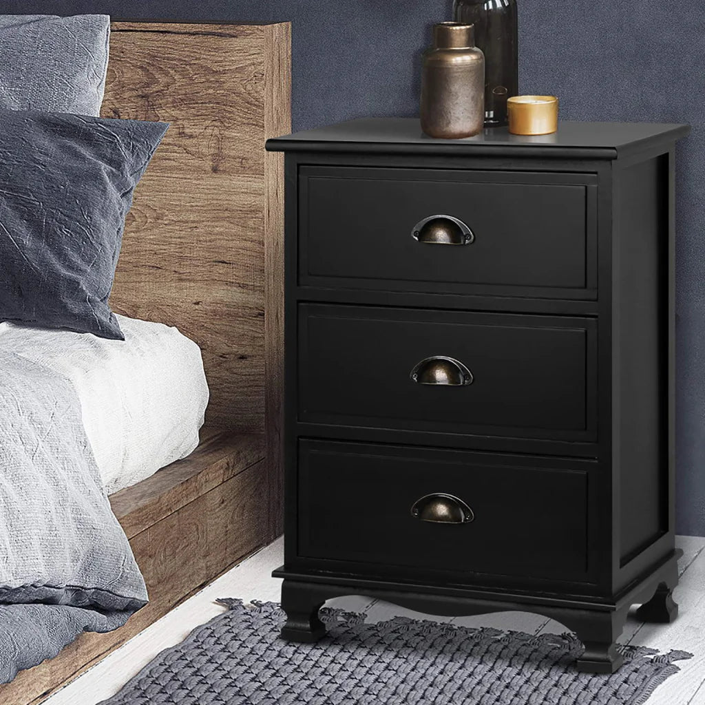 Artiss 2x Bedside Table 3 Drawers Vintage - THYME Black