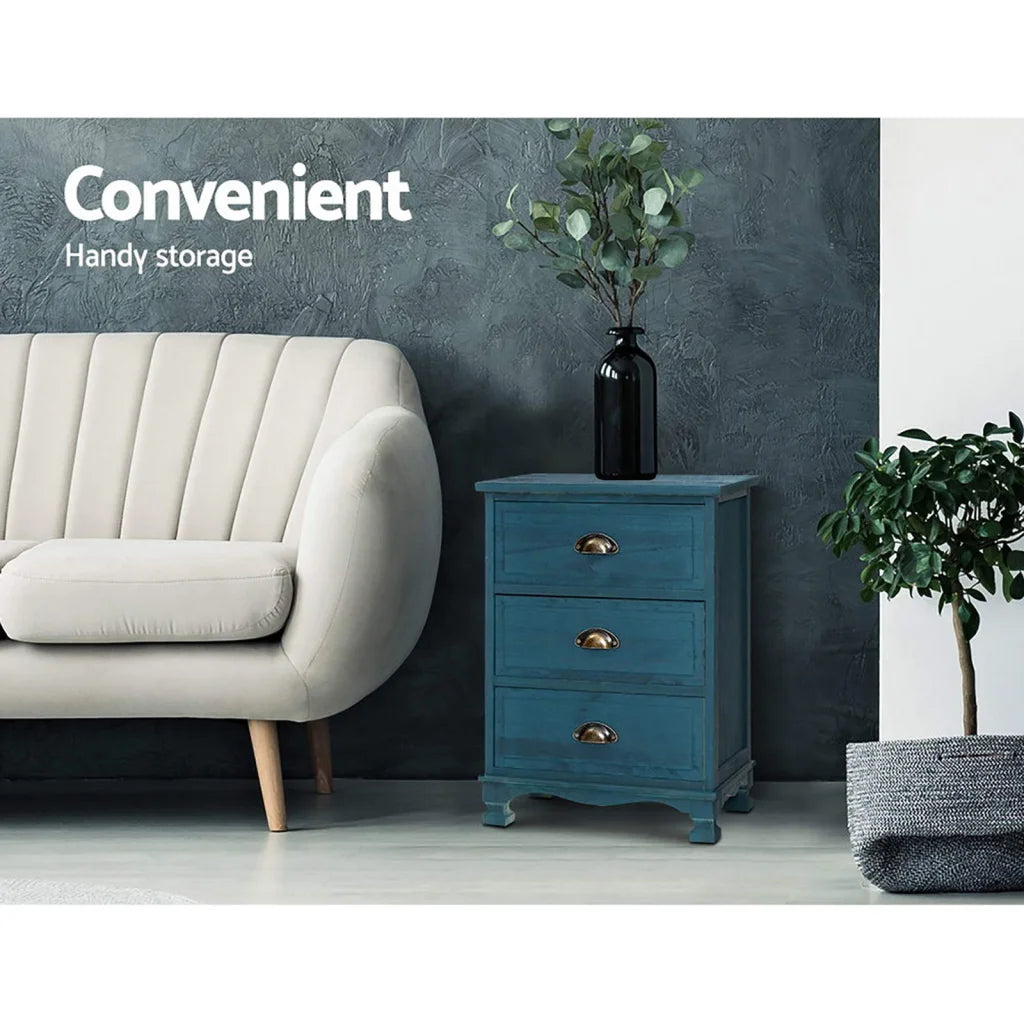 Artiss 2x Bedside Table 3 Drawers Vintage - THYME Blue