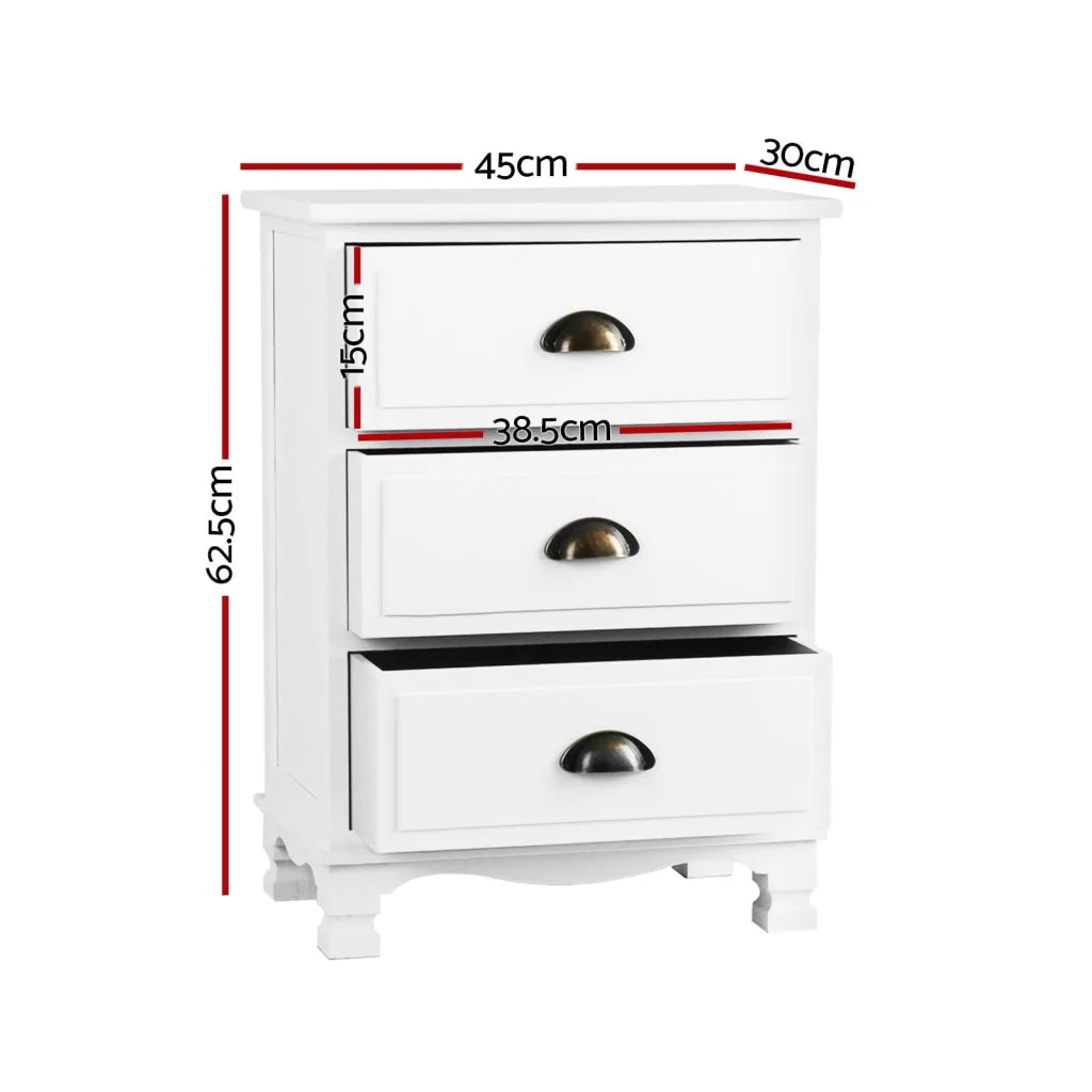 2x Bedside Table 3 Drawers Vintage White