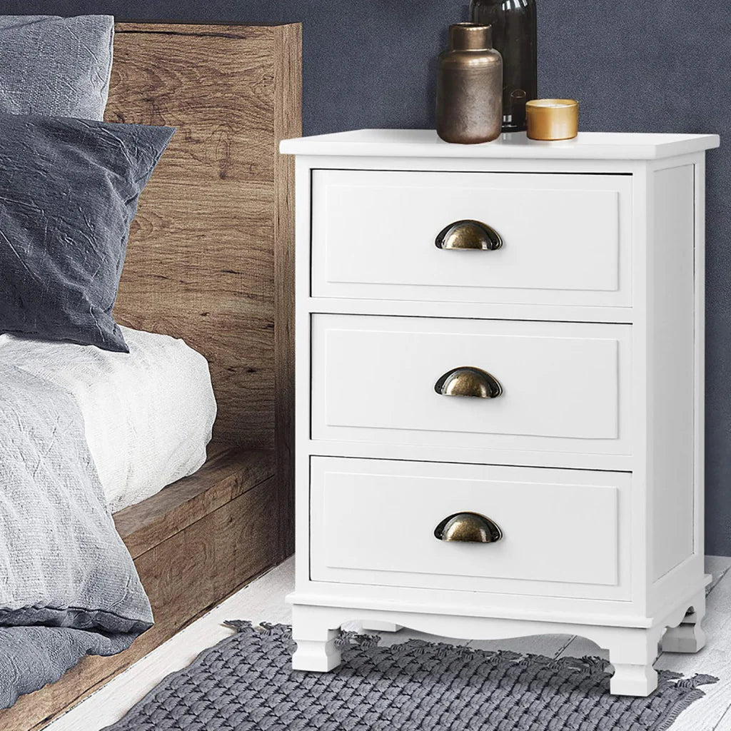 White 2x Bedside Table 3 Drawers Vintage Thyme