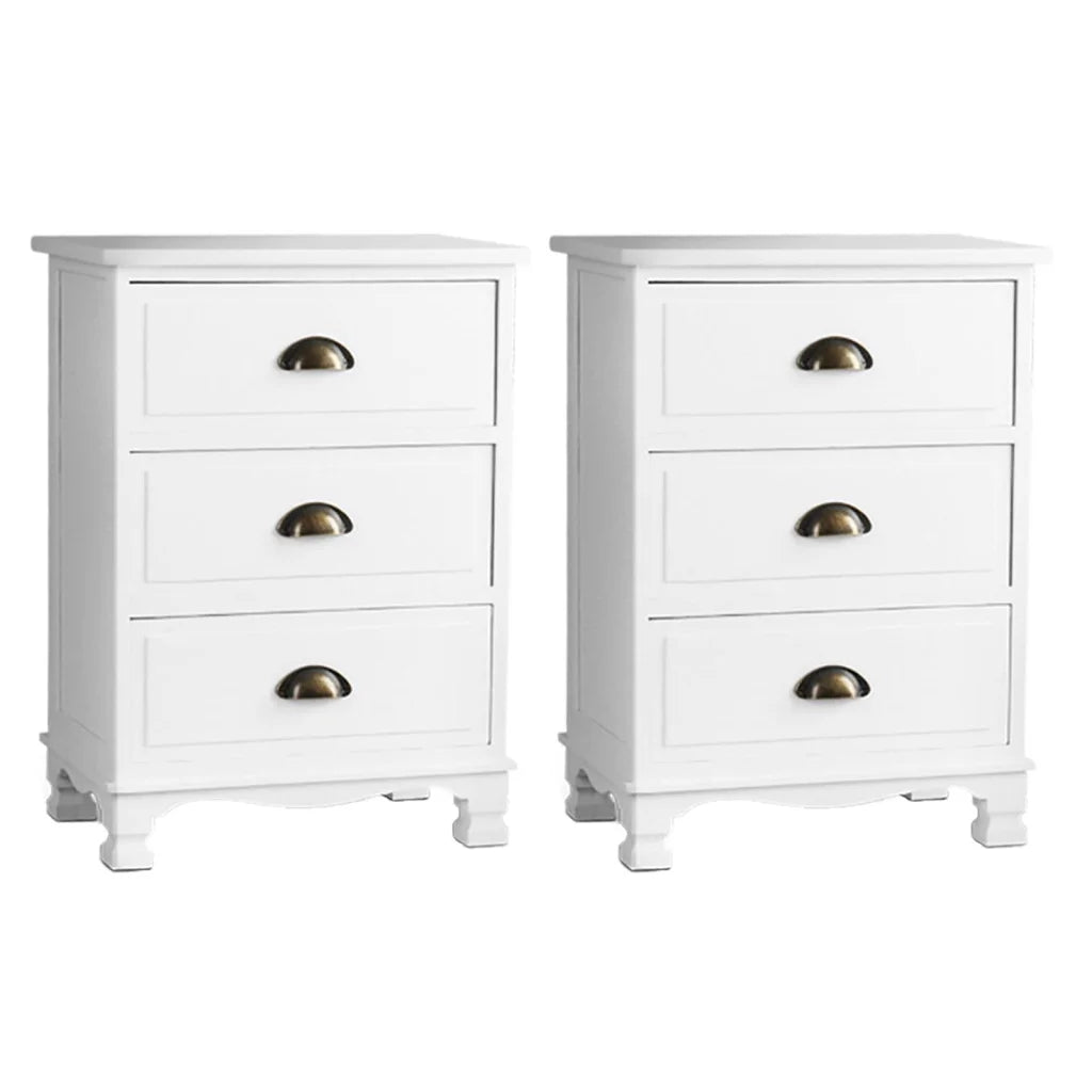 2x Bedside Table 3 Drawers Vintage Thyme White