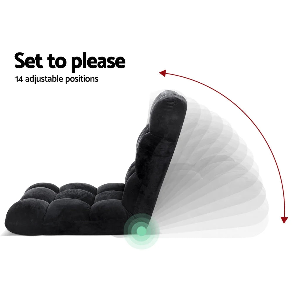 Black fabric lounge sofa bed with assembled layout and visible hardware