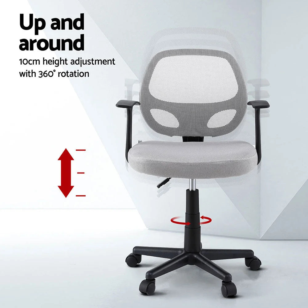 Grey mesh office chair with armrests and support legs