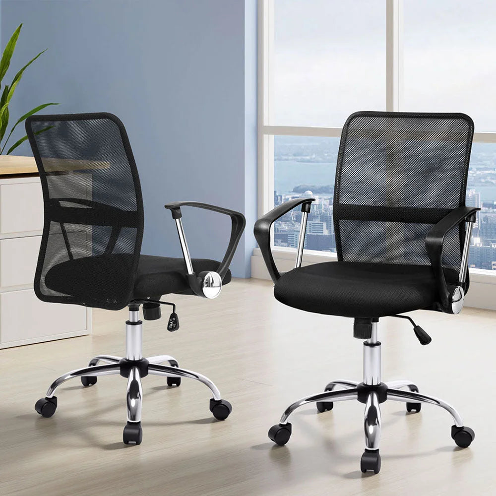 Artiss 2x Mesh Office Chair Mid Back Black - Furniture >