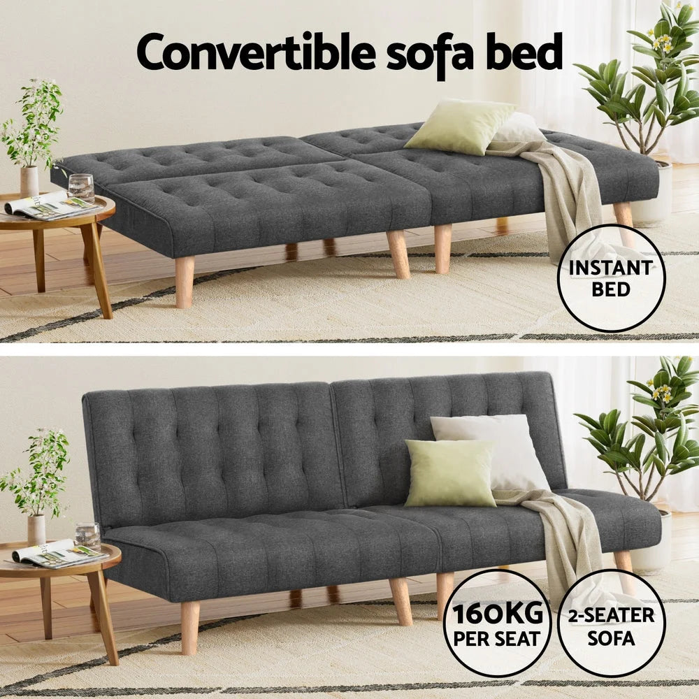 Grey fabric sofa bed couch with clean finish and fitted components