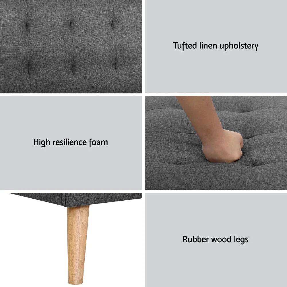 Grey fabric sofa bed couch with fitted edges and product hardware