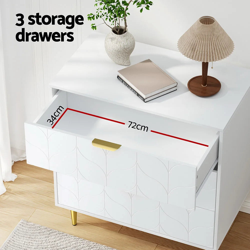 White chest drawers lowboy with caster wheels and side handle rail